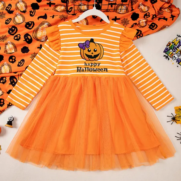 【2Y-7Y】Girls Orange Stripe Halloween Print Mesh Long Sleeve Dress - Popopieshop.com 