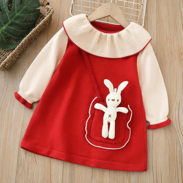 【18M-6Y】Girls Cute Bunny Pocket Design Fake Two Piece Red Sweater Dress - Popopieshop.com 