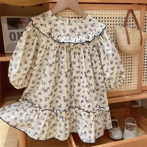 【18M-8Y】Girls Sweet Floral Print Ruffled Long Sleeve Dress - Popopieshop.com 