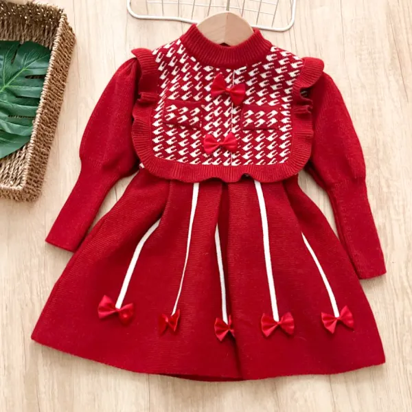 【18M-6Y】Girls Sweet Bow And Ruffle Design Red Sweater Dress - Popopieshop.com 