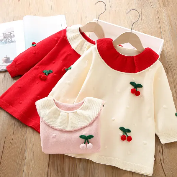 【18M-6Y】Girls Sweet Cherry Design Lapel Red Sweater Dress - Popopieshop.com 