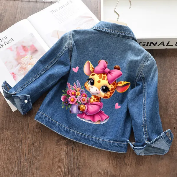 【18M-11Y】Girl Casual Bowknot Giraffe Print Blue Denim Jacket - Popopieshop.com 