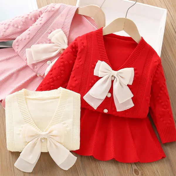 【18M-6Y】2-piece Girls Bow Sweater Cardigan And Skirt Set - Popopieshop.com 