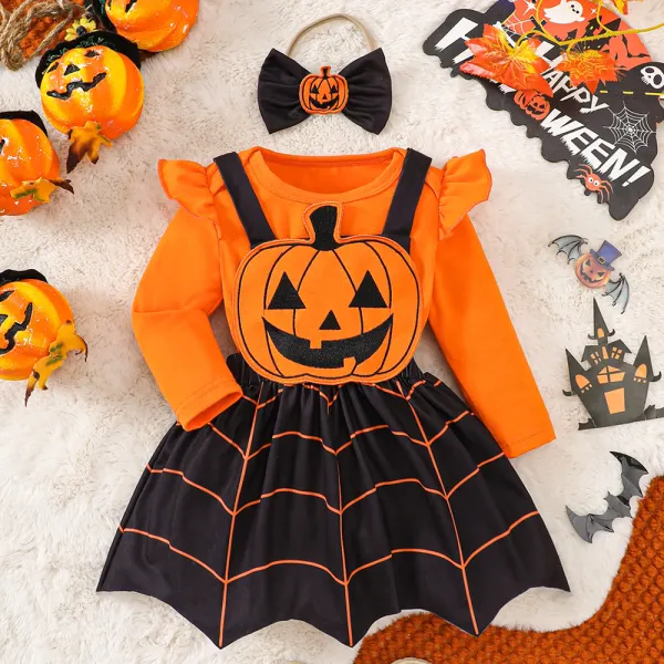 【0M-18M】3-piece Baby Girl Halloween Long Sleeve Romper And Pumpkin Embroidered Strap Dress Set With Hair Accessories - Popopieshop.com 