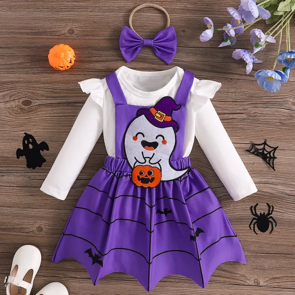 【0M-24M】3-piece Baby Girl Halloween Long Sleeve Romper And Cartoon Embroidered Strap Dress Set With Hair Accessories - Popopieshop.com 