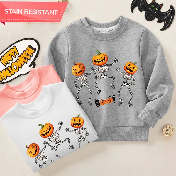 【12M-9Y】Kids Halloween Pumpkin And Skull Prints Cotton Stain Resistant Long Sleeve Sweatshirt - Popopieshop.com 
