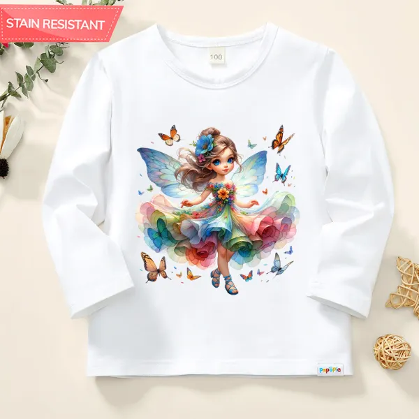 【12M-9Y】Girls Fashion Sweet Cartoon Elf And Butterfly Prints Cotton Stain Resistant Long Sleeve T-Shirt - Popopieshop.com 