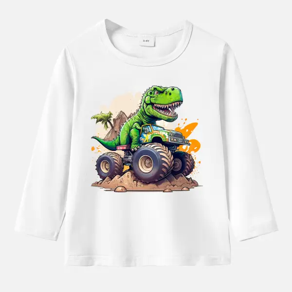 【12M-9Y】Boys Fashion Dinosaur And Truck Print Cotton Stain Resistant Long Sleeve T-Shirt - Popopieshop.com 