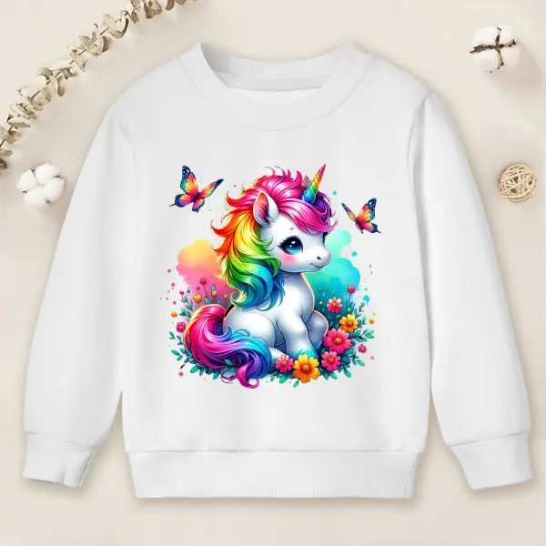 【12M-9Y】Girls Colorful Unicorn And Flower And Butterfly Prints Cotton Stain Resistant Long Sleeve Sweatshirt - Popopieshop.com 