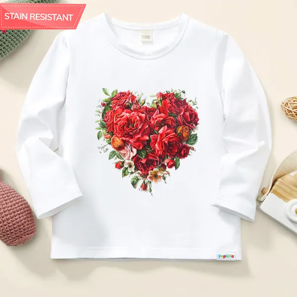 【12M-9Y】Girls Fashion Sweet Red Flower Print Cotton Stain Resistant Long Sleeve T-Shirt - Popopieshop.com 