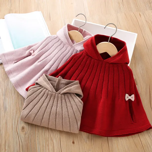 【12M-5Y】Girls Fashionable Bow Design Hooded Sweater Poncho - Popopieshop.com 