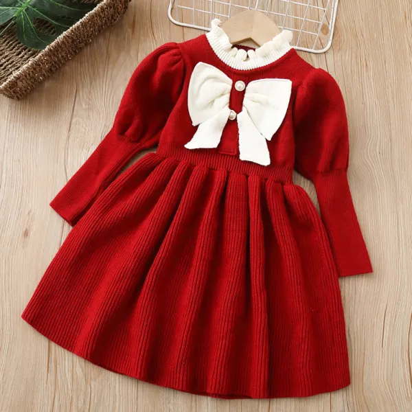 【18M-6Y】Girls Sweet Bow Design Ruffle Collar Sweater Dress - Popopieshop.com 
