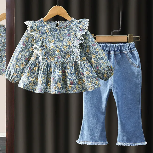 【6M-4Y】2-piece Girls Sweet Floral Print Ruffle Blouse And Blue Jeans Set - Popopieshop.com 