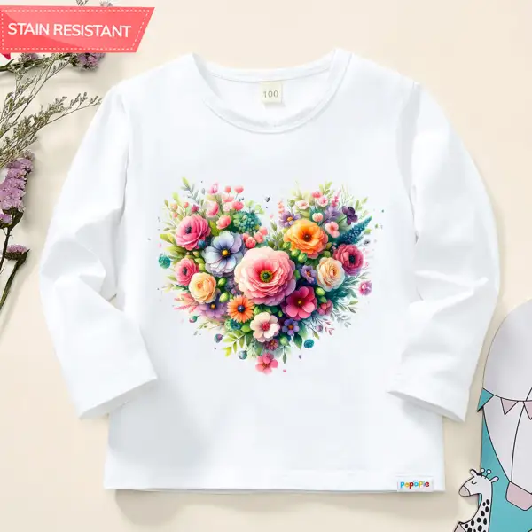 【12M-9Y】Girl Sweet Floral Heart-shaped Print Cotton Stain Resistant Long Sleeve T-shirt - Popopieshop.com 