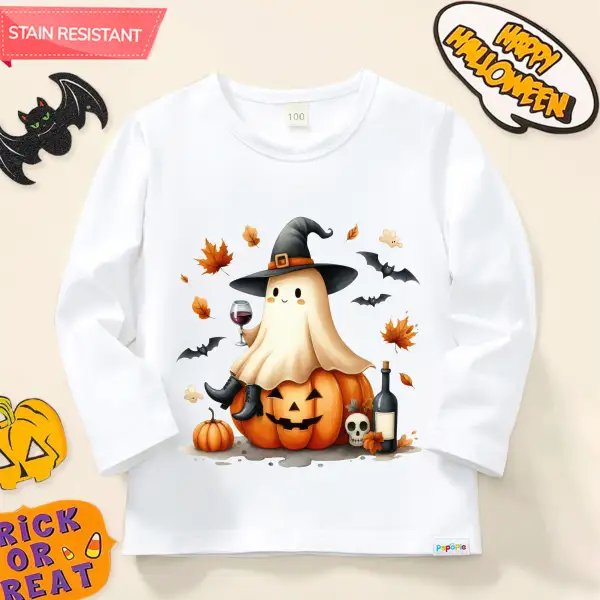 【12M-9Y】Unisex Cute Halloween Ghost Print Cotton Stain Resistant Long Sleeve T-shirt - Popopieshop.com 