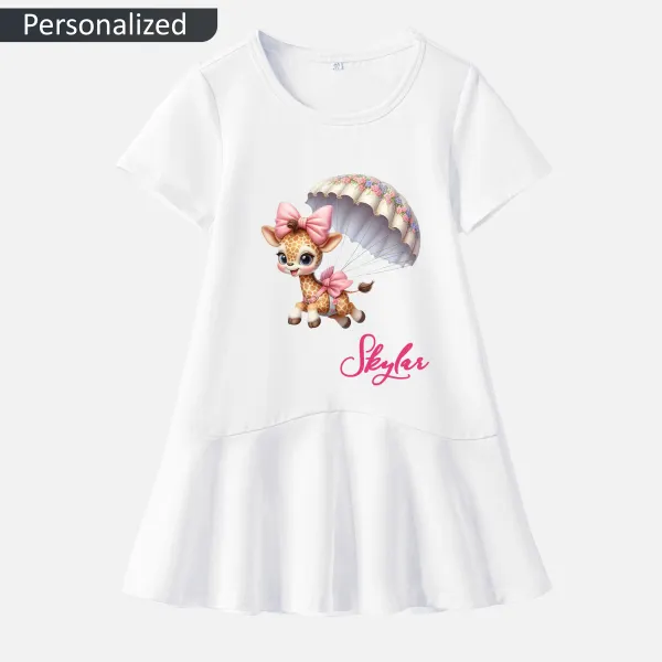 【18M-9Y】Personalized Girl Stain Resistant Cotton Cartoon Giraffe Parachuting Print Short-sleeved Dress - Popopieshop.com 