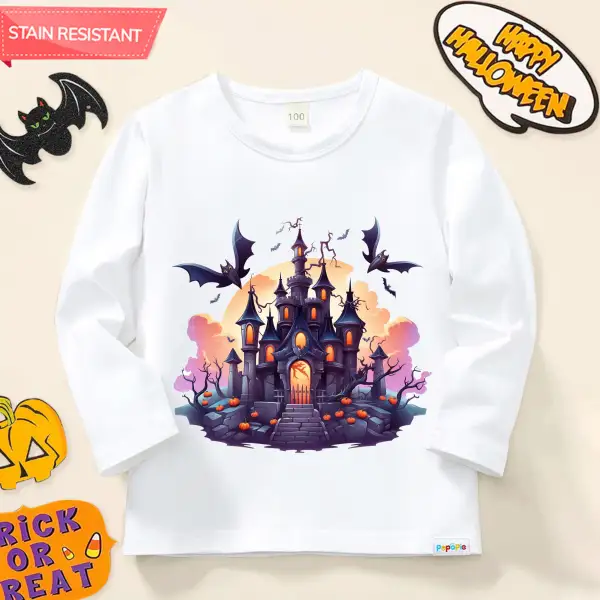 【12M-9Y】Girl Cute Halloween Castle Print Cotton Stain Resistant Long Sleeve T-shirt - Popopieshop.com 