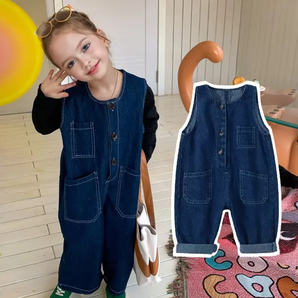 【18M-8Y】Girls Sweet Solid Color Loose Denim Jumpsuit - Popopieshop.com 