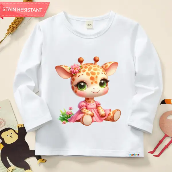 【12M-9Y】Girl Cute Giraffe Print Cotton Stain Resistant Long Sleeve T-shirt - Popopieshop.com 