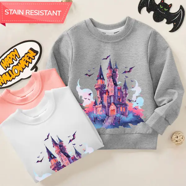 【12M-9Y】Girl Cotton Stain Resistant Halloween Castle Print Long Sleeve Sweatshirt - Popopieshop.com 