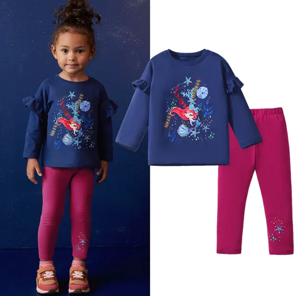 【18M-7Y】2-piece Girls Navy Mermaid Print Long Sleeve T-shirt And Leggings Set - Popopieshop.com 