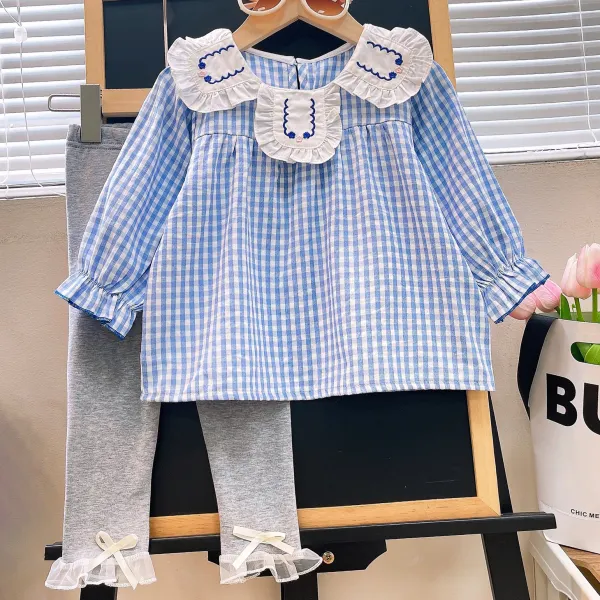 【2Y-8Y】2-piece Girls Stylish Petal Collar Blue Plaid Shirt And Gray Bow Leggings Set - Popopieshop.com 