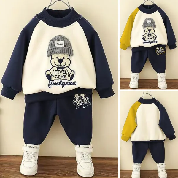 【18M-7Y】2-piece Boys Casual Bear Embroidered Sweatshirt And Sweatpants Set - Popopieshop.com 