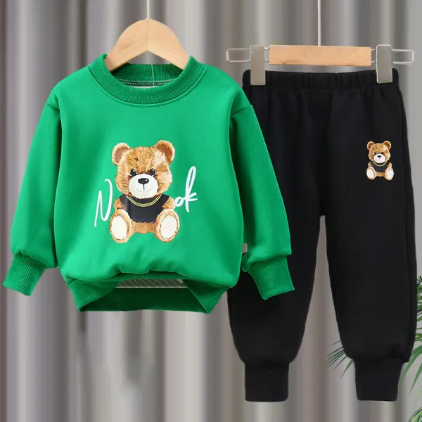 【12M-8Y】2-piece Kids Casual Cartoon Bear Print Sweatshirt And Sweatpants Set - Popopieshop.com 