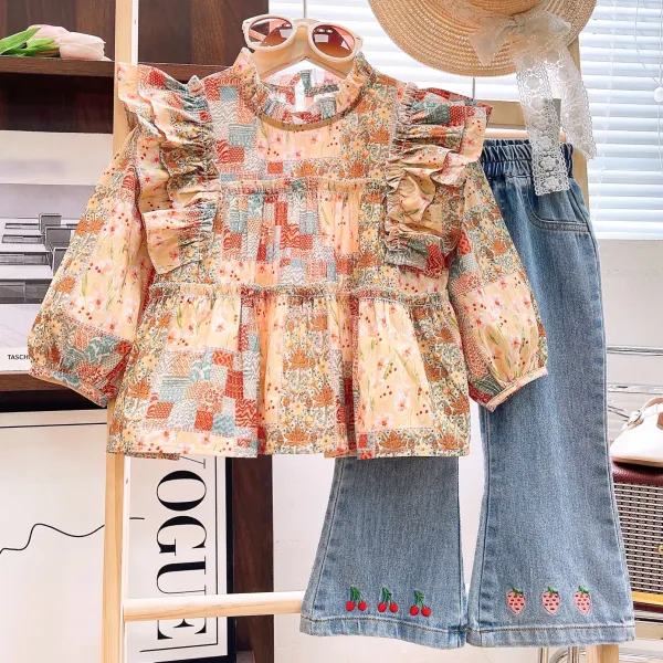 【2Y-8Y】2-piece Girls Stylish Ruffle Shirt And Cherry Strawberry Embroidered Blue Jeans Set - Popopieshop.com 