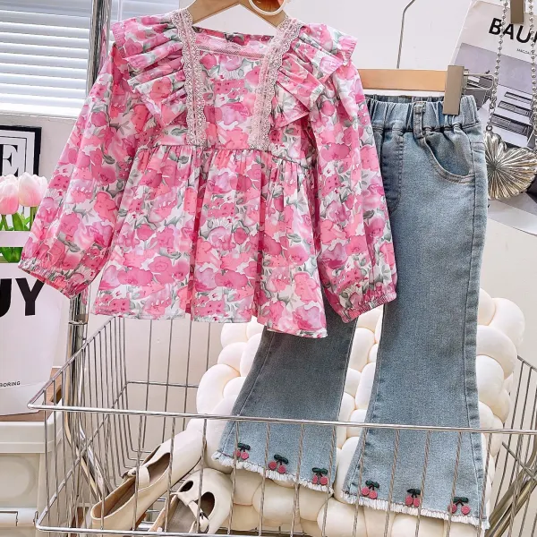 【2Y-8Y】2-Piece Girls' Stylish Pink Floral Print Blouse And Blue Jeans Set - 34787 - Popopieshop.com 
