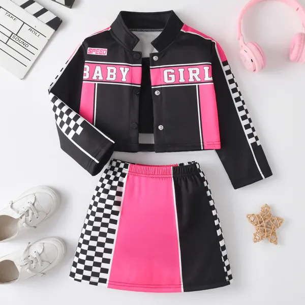 【2Y-7Y】3-piece Girls Sports Motorcycle Style Letter Print Colorblock Long-sleeved Jacket Black Tank Top And Skirt Suit - 34782 - Popopieshop.com 