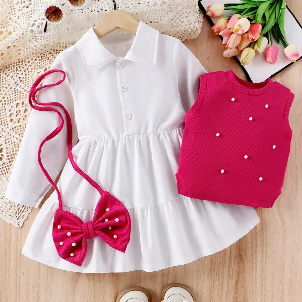 【3Y-7Y】3-piece Girls Sweet White Long Sleeve Shirt Dress And Pearl Embellished Tank Top Set - Popopieshop.com 