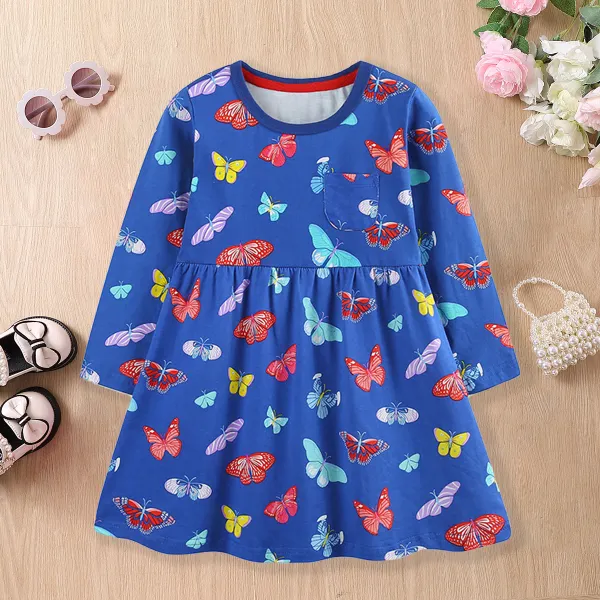 【18M-7Y】Girls Sweet Colorful Butterfly Print Long Sleeve Dress - Popopieshop.com 