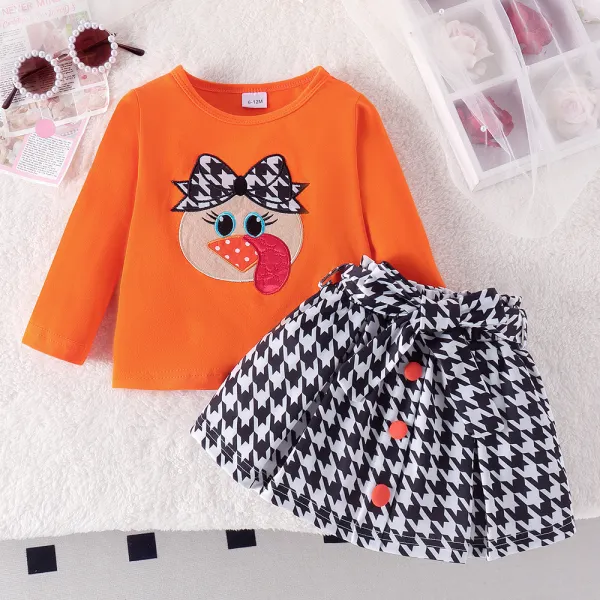 【6M-4Y】2-piece Girls Cute Cartoon Embroidered Long-sleeved T-shirt And Houndstooth Skirt Suit - Popopieshop.com 