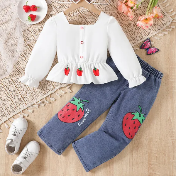 【18M-6Y】2-piece Girls Sweet Square Neck Puff Sleeve Shirt And Strawberry Print Jeans Set - Popopieshop.com 