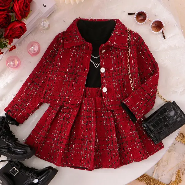 【3Y-7Y】3-piece Girls Chanel Style Black Long-sleeved T-shirt Tweed Lapel Coat And Pleated Skirt Set - Popopieshop.com 