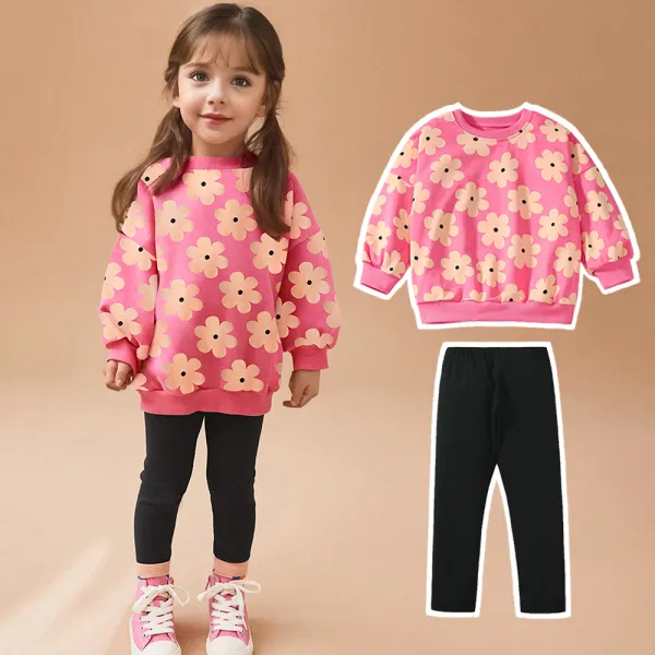 【18M-7Y】2-piece Girls Cute Cotton Flowers Print Round Neck Sweatshirt And Leggings Set - 34739 - Popopieshop.com 