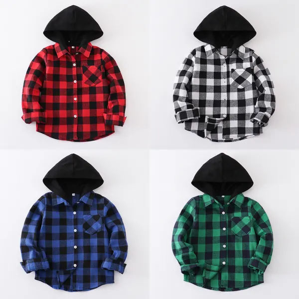 【9M-8Y】Boys Multicolour Plaid Hooded Long Sleeve Shirt - Popopieshop.com 