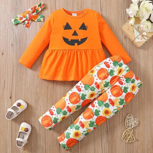 【1Y-8Y】3-piece Girls Halloween Pumpkin Print Long Sleeve T-shirt And Pants Set With Hairband - Popopieshop.com 