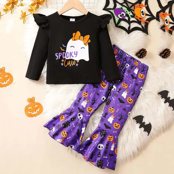 【18M-6Y】2-Piece Girls Halloween Print Long Sleeve T-Shirt And Pants Set - Popopieshop.com 