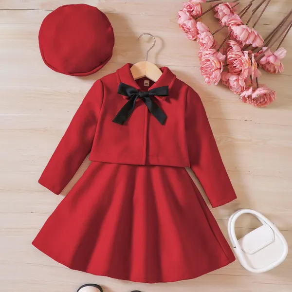 【18M-6Y】3-Piece Girls Red Tweed Sleeveless Dress And Jacket Set With Hat - Popopieshop.com 