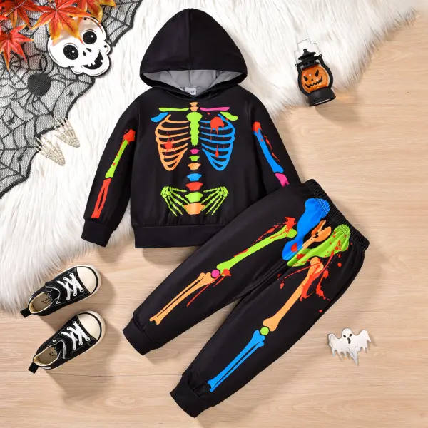 【18M-6Y】2-Piece Kids Halloween Luminous Skull Print Hooded Sweatshirt And Sweatpants Set - Popopieshop.com 