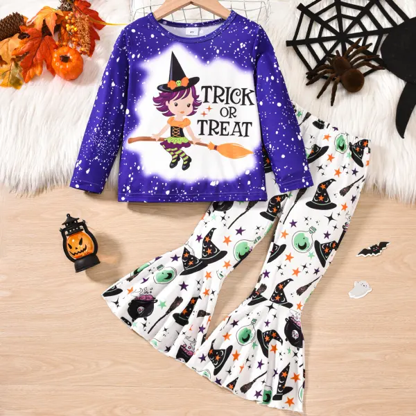 【12M-6Y】2-piece Girls Halloween Printed Purple T-shirt And Flared Pants Set - Popopieshop.com 