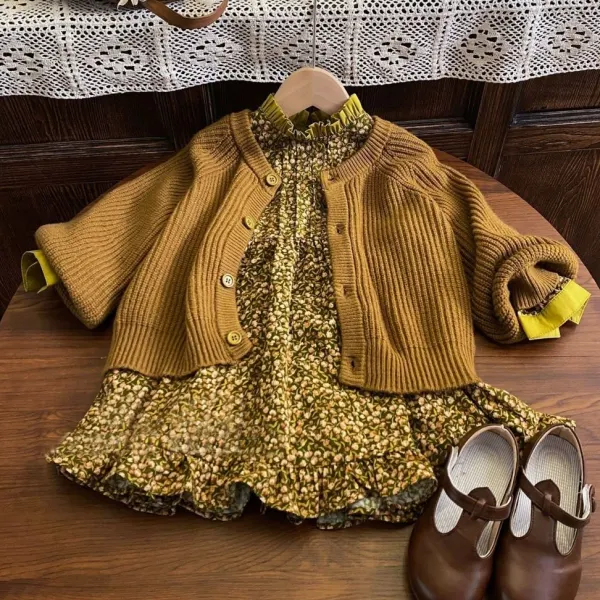 【18M-8Y】Girls Sweet Yellow Green Long Sleeve Dress Khaki Sweater Cardigan - Popopieshop.com 