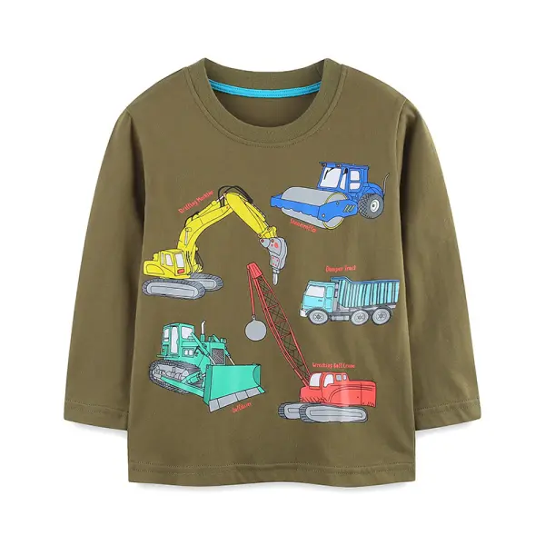 【2Y-7Y】Boys Casual Construction Vehicle Print Long Sleeve T-shirt - Popopieshop.com 