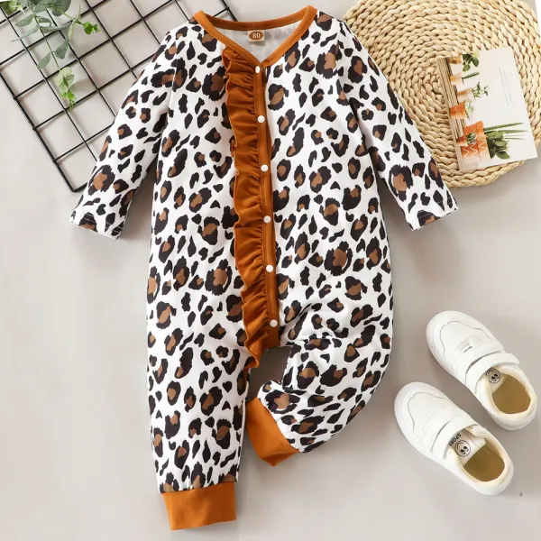 【0M-18M】Baby Girl Cute Cotton Leopard Print Ruffled Long Sleeve One-piece - Popopieshop.com 