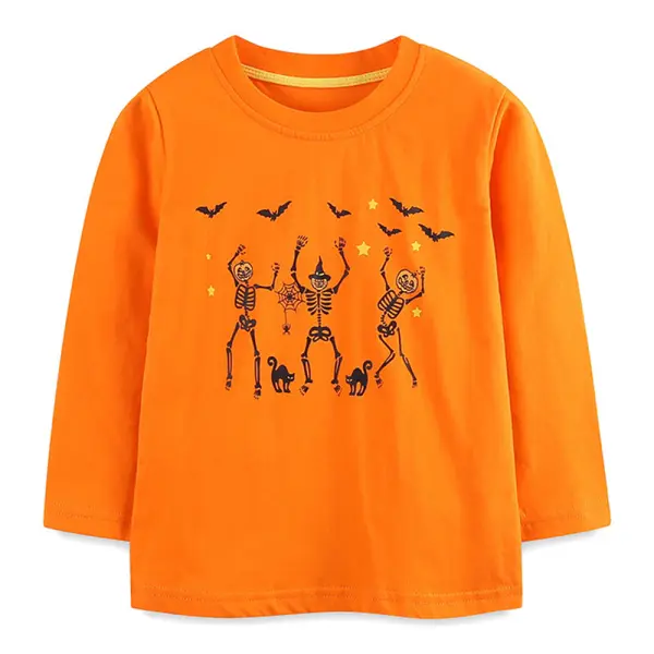 【18M-7Y】Unisex Kids Orange Halloween Print Long Sleeve T-shirt - Popopieshop.com 