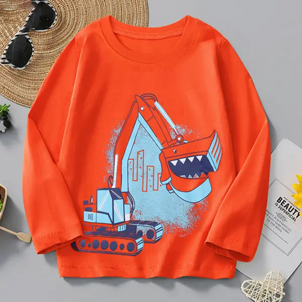 【2Y-8Y】Boys Orange Excavator Print Long Sleeve T-shirt - Popopieshop.com 