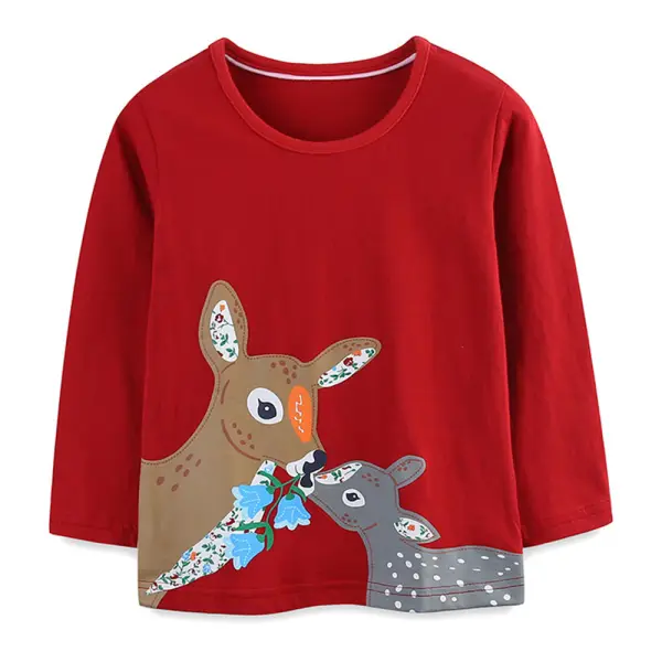 【18M-7Y】Girls Red Fawn Print Long Sleeve T-shirt - Popopieshop.com 