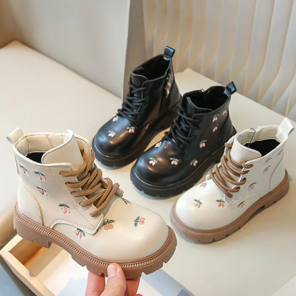 Girls Sweet Fashion Cherry Embroidery PU Boots - 34787 - Popopieshop.com 
